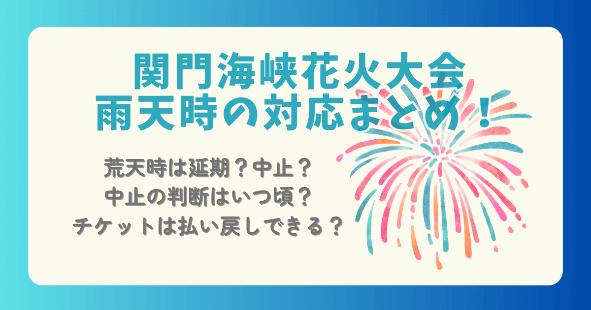 関門海峡花火大会　雨天　荒天　対応　中止　延期　判断時期　時間　いつ　開催可否　チケット　払い戻し　返金　